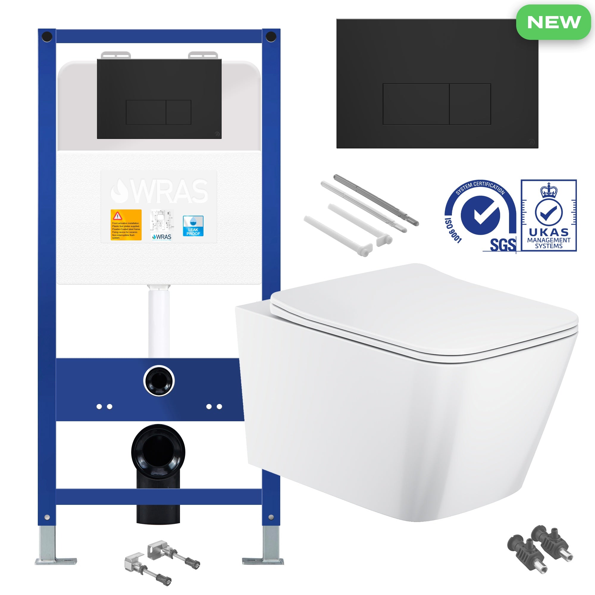Square Rimless Wall Hung Toilet Pan with Concealed Cistern Fame - Matt Black Flush Plate
