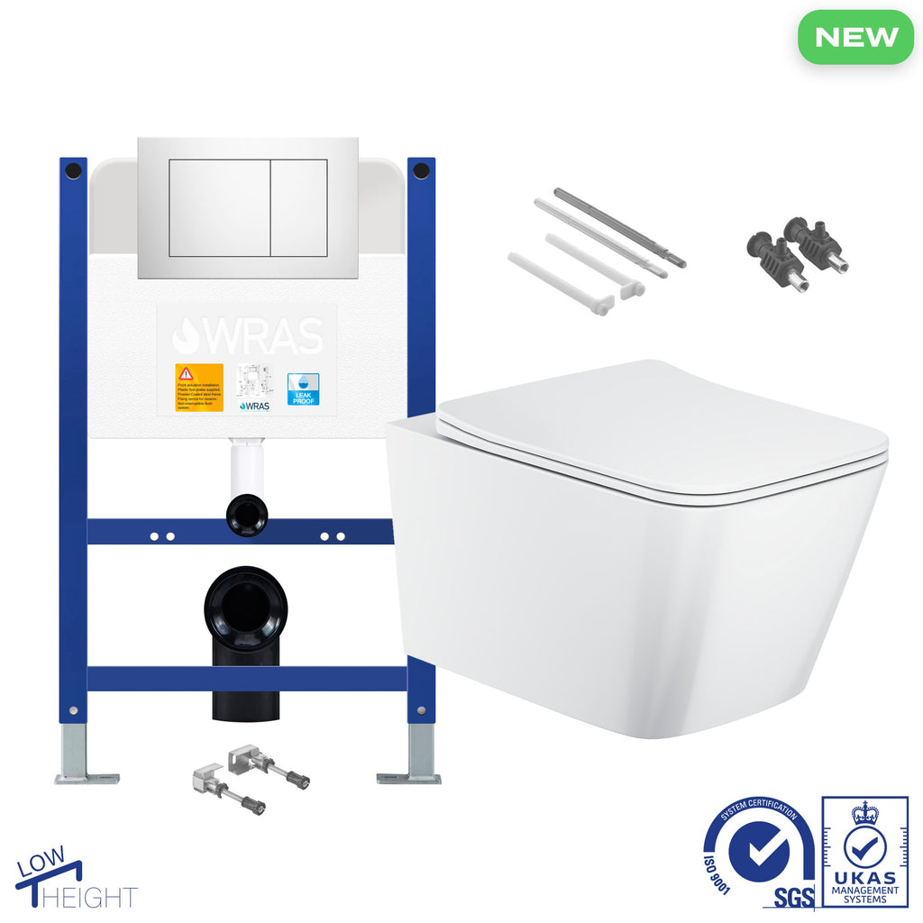 FNX Bathrooms Square Rimless Wall Hung Toilet & Low-Height Concealed Cistern Frame Set with Chrome Flush Plate