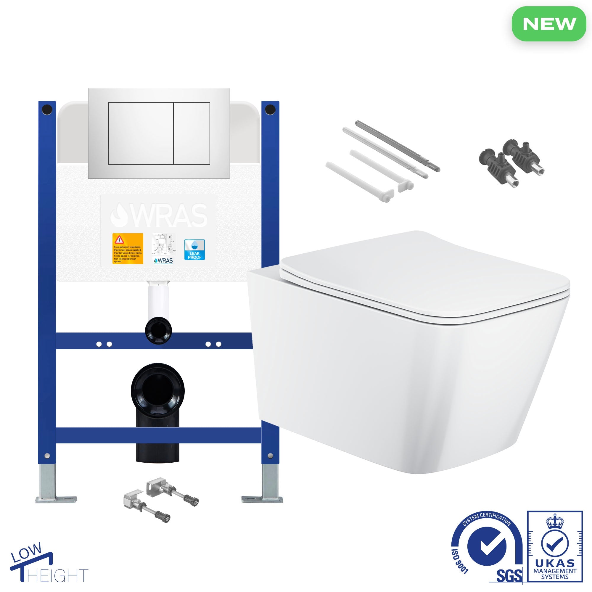 FNX Bathrooms Square Rimless Wall Hung Toilet & Low-Height Concealed Cistern Frame Set with Chrome Flush Plate
