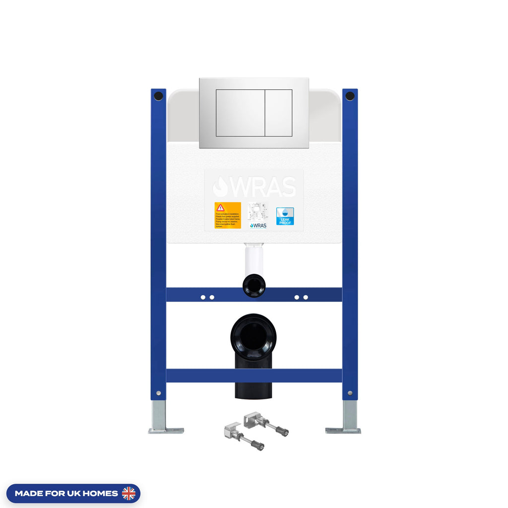 FNX Bathrooms Square Rimless Wall Hung Toilet & Low-Height Concealed Cistern Frame Set with Chrome Flush Plate