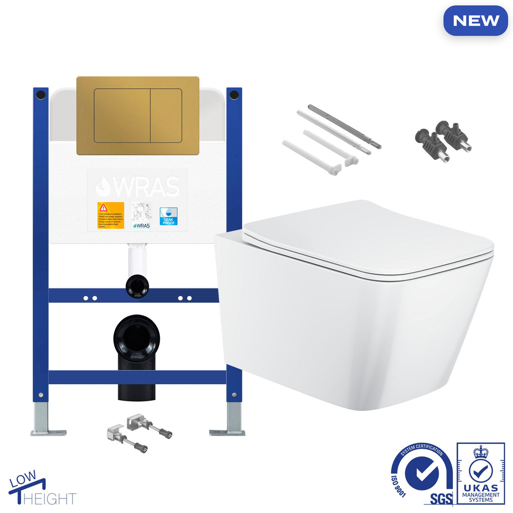 Bubly Bathrooms Square Rimless Wall Hung Toilet Set with Low Height Concealed Cistern & Matt Gold Flush Plate - WRAS Approved
