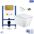 Bubly Bathrooms Square Rimless Wall Hung Toilet Set with Low Height Concealed Cistern & Matt Gold Flush Plate - WRAS Approved
