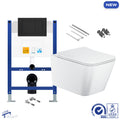 Bubly Bathrooms Square Rimless Wall Hung Toilet & Space-Saving Concealed Cistern Frame with Black Flush Plate