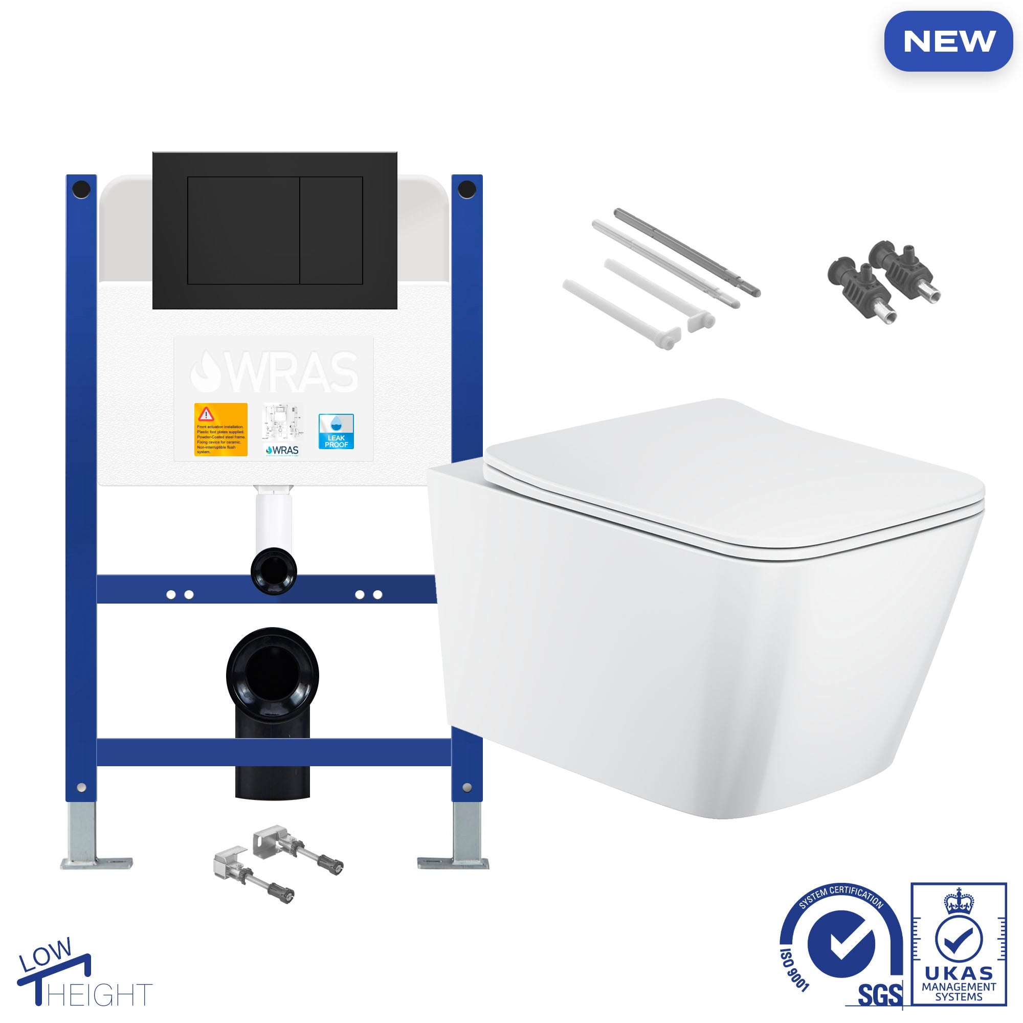 Bubly Bathrooms Square Rimless Wall Hung Toilet & Space-Saving Concealed Cistern Frame with Black Flush Plate