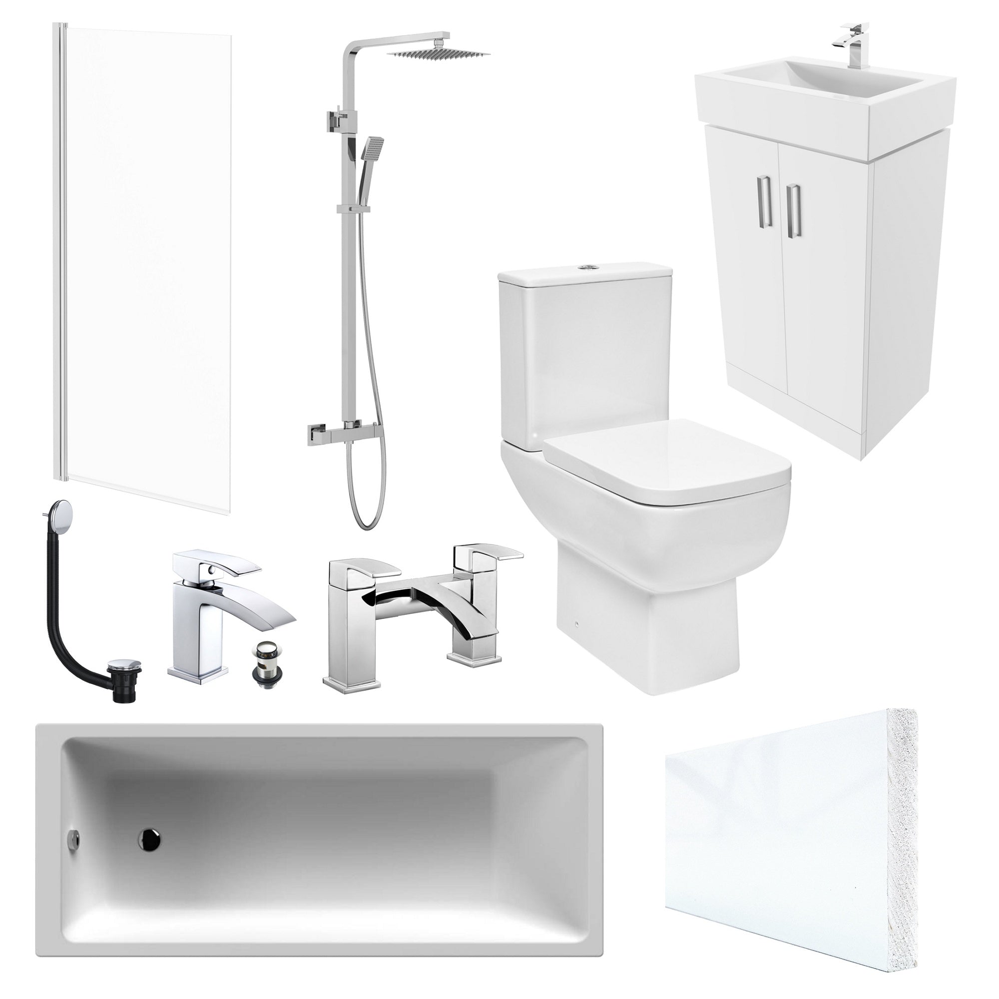Modern Bathroom Suite 1700 x 700 Bath, Waterproof Front Panel, Close Coupled WC, 2 Door Vanity Unit, Shower & Tap Set