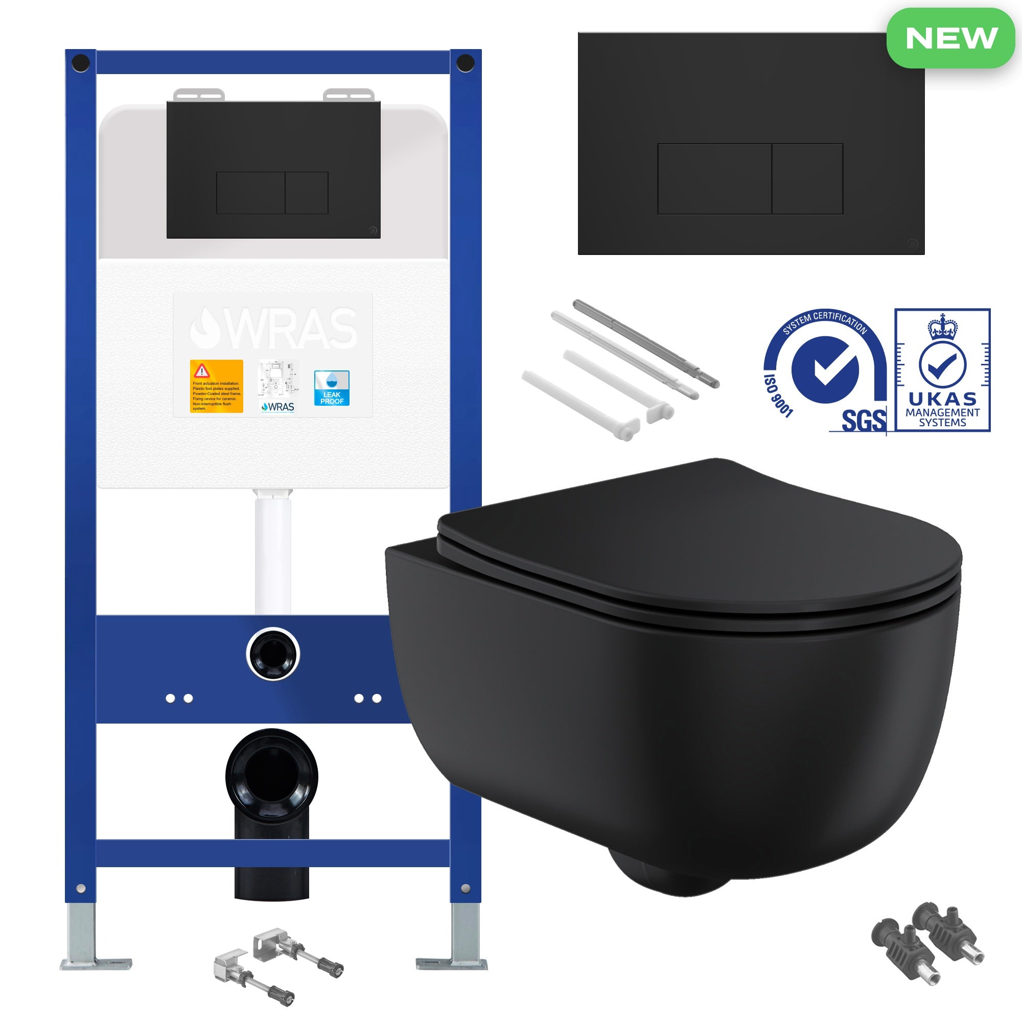 Matt Black Rimless Wall Hung Toilet Pan with Concealed Cistern Fame - Matching Flush Plate