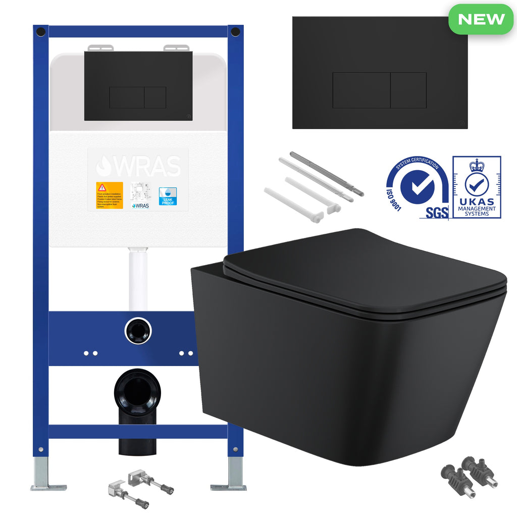 Square Matt Black Rimless Wall Hung Toilet Pan with Concealed Cistern Fame - Matching Flush Plate