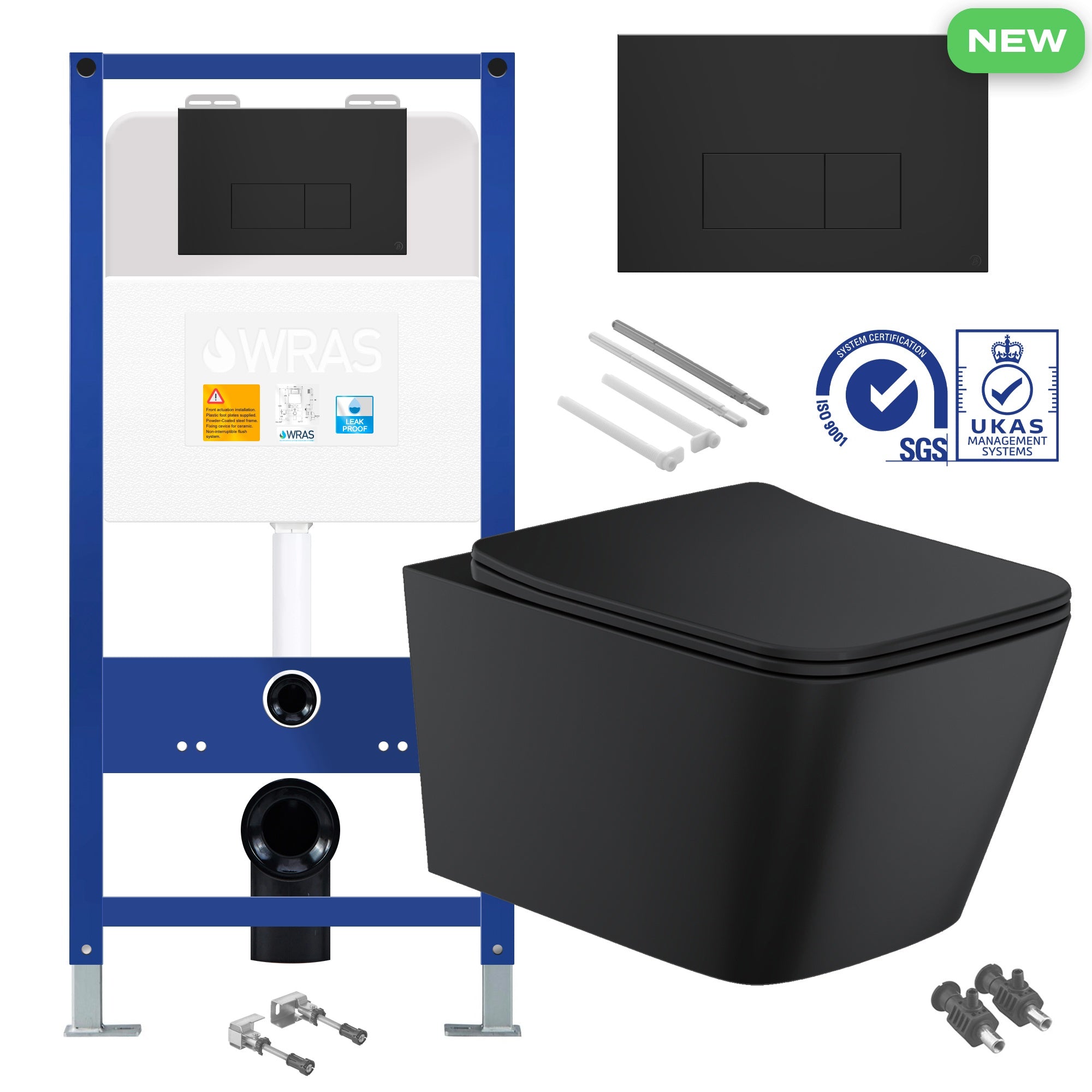 Square Matt Black Rimless Wall Hung Toilet Pan with Concealed Cistern Fame - Matching Flush Plate