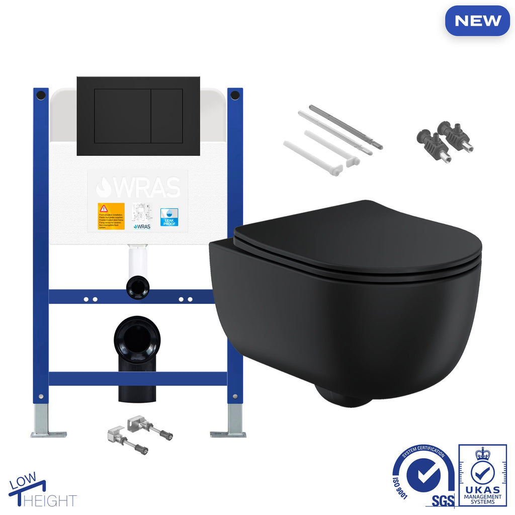 Bubly Bathrooms Matt Black D-Shape Rimless Wall Hung Toilet & Soft-Close Slimline Seat with Low-Profile Concealed Cistern Frame