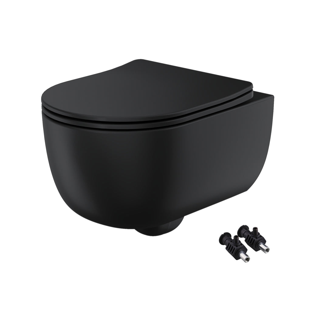 Bubly Bathrooms Matt Black D-Shape Rimless Wall Hung Toilet & Soft-Close Slimline Seat with Low-Profile Concealed Cistern Frame