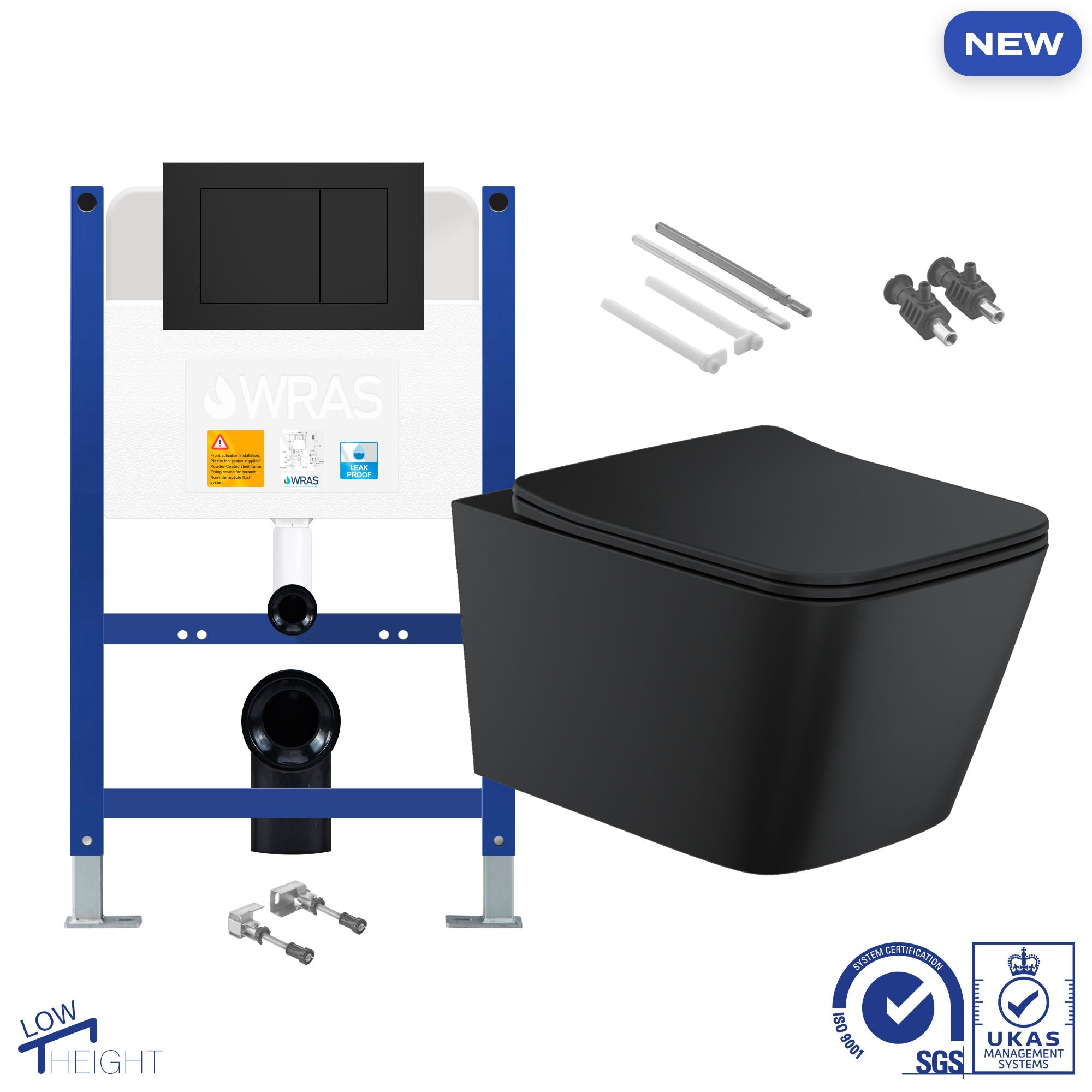 Bubly Bathrooms Matt Black Square Rimless Wall Hung Toilet & Low Height Concealed Cistern Frame Set