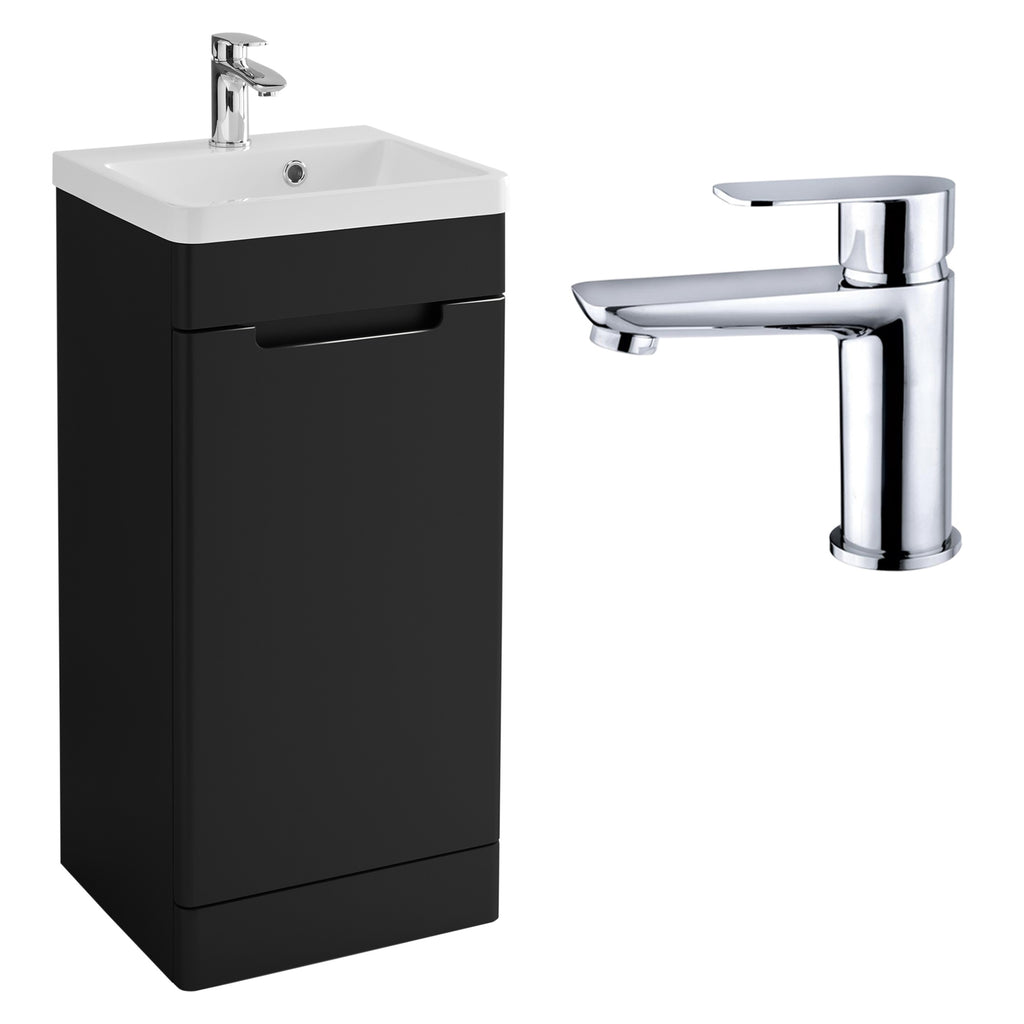 400mm Freestanding Bathroom Vanity Unit with Basin, Matt Black, Chrome Mono Mixer Tap & Slotted Waste