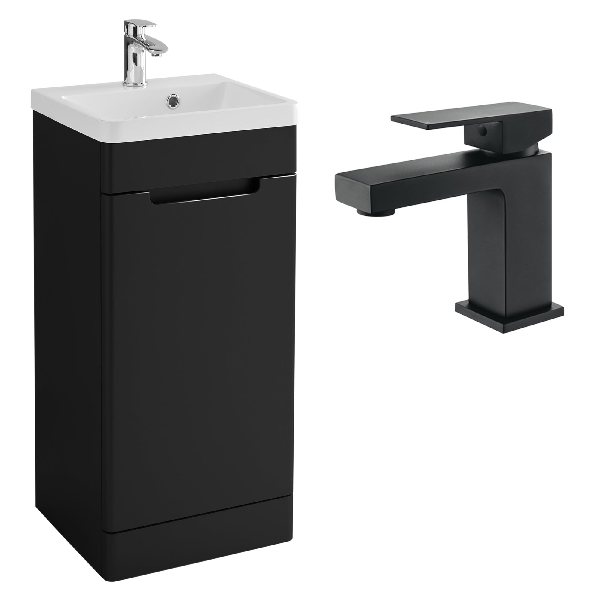 Bathroom Vanity Basin Unit 400mm Matt Black & Square Basin Mono Mixer Tap & Waste Matt Black