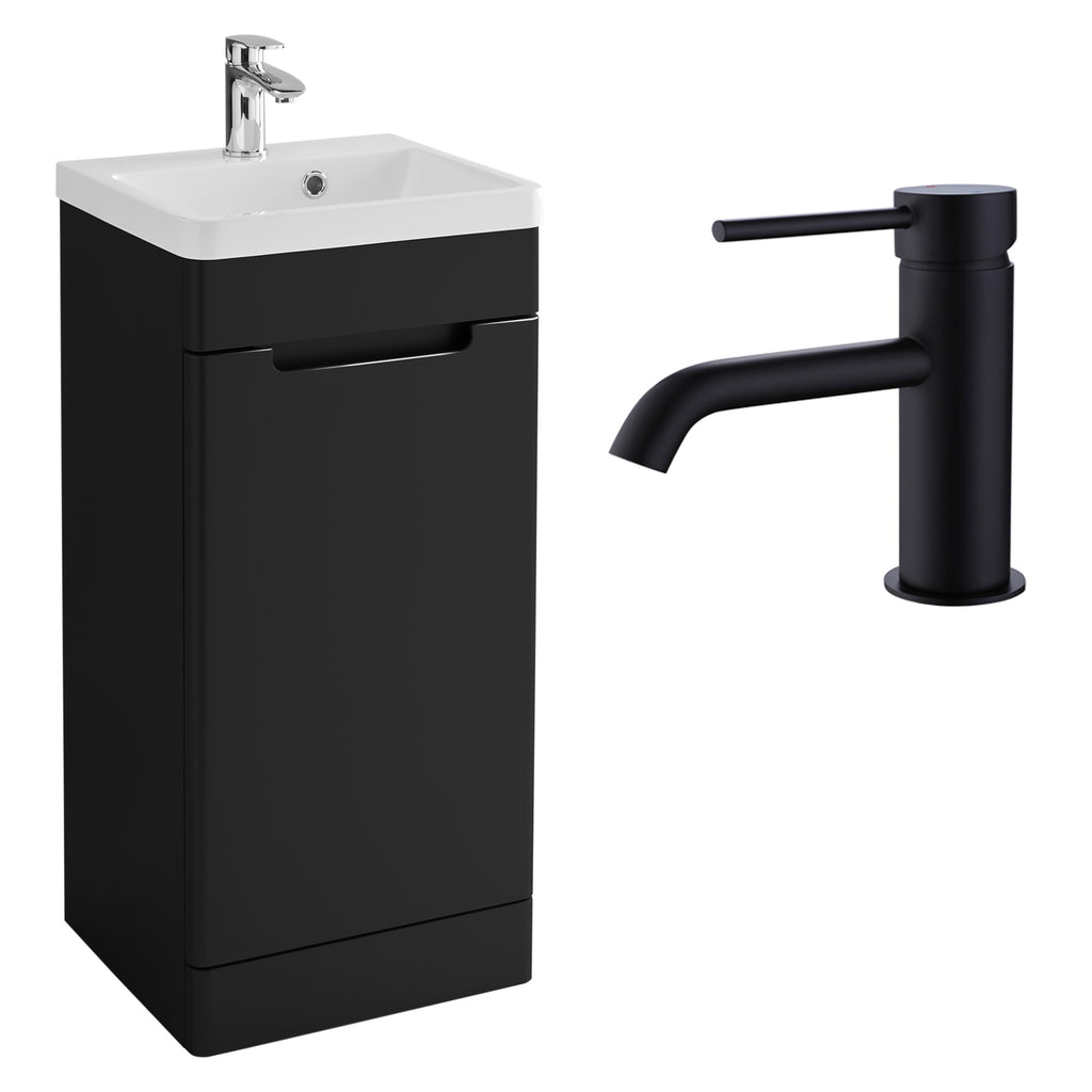 FNX Bathrooms 400mm Matt Black Floor Standing Vanity Unit & Resin Basin Set with Mono Mixer Tap & Waste - Compact Modern Design