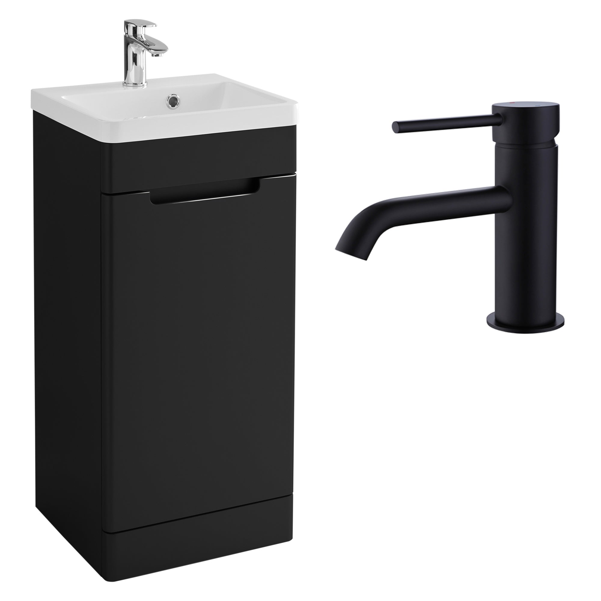 FNX Bathrooms 400mm Matt Black Floor Standing Vanity Unit & Resin Basin Set with Mono Mixer Tap & Waste - Compact Modern Design