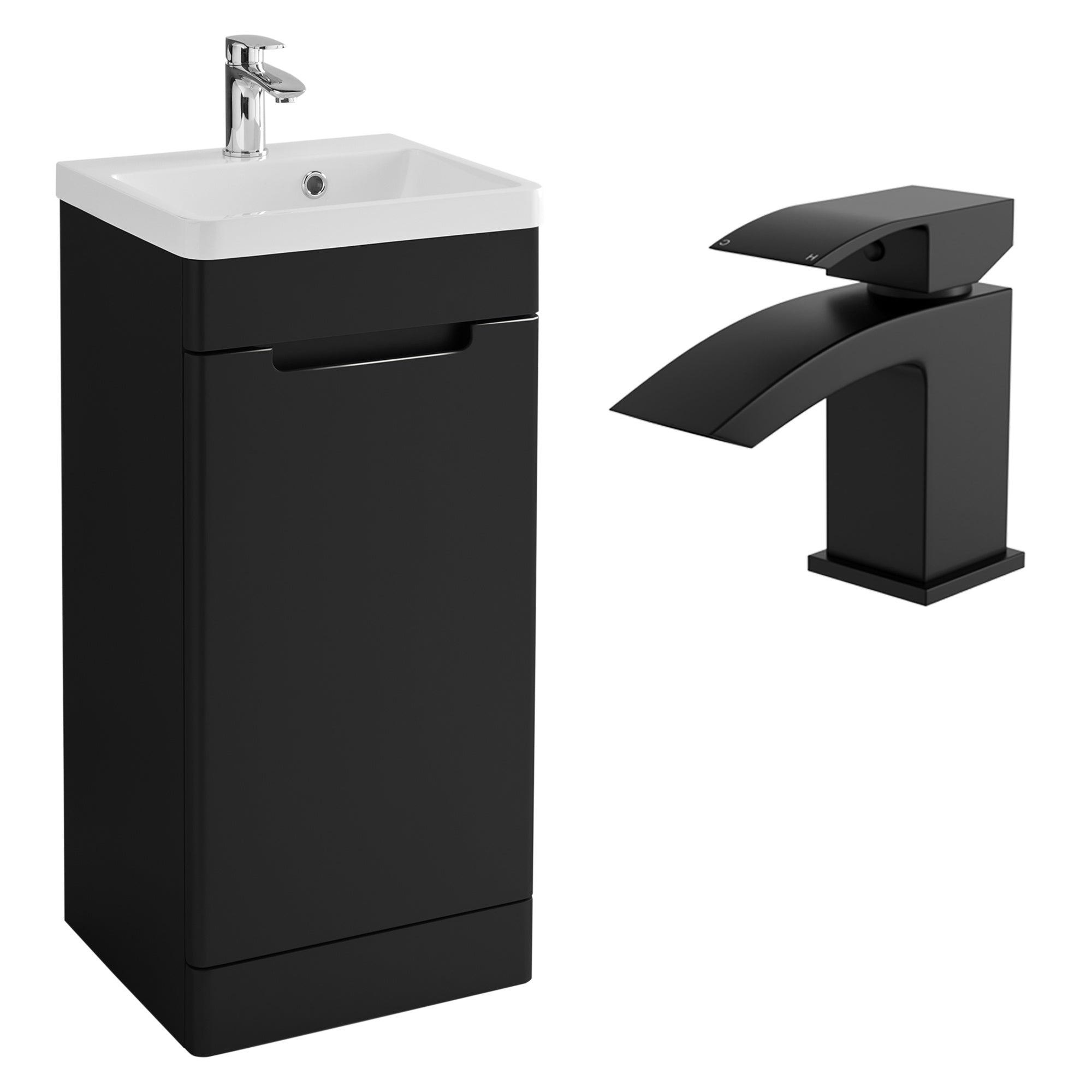 FNX Bathrooms 400mm Matt Black Floor Standing Vanity Unit & Basin Set with Waterfall Tap & Waste