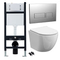Bubly™ White D-Shape Rimless Wall Hung Toilet with Soft Close Slim Seat & 1.13m Concealed Cistern Frame with Chrome Flush Plate