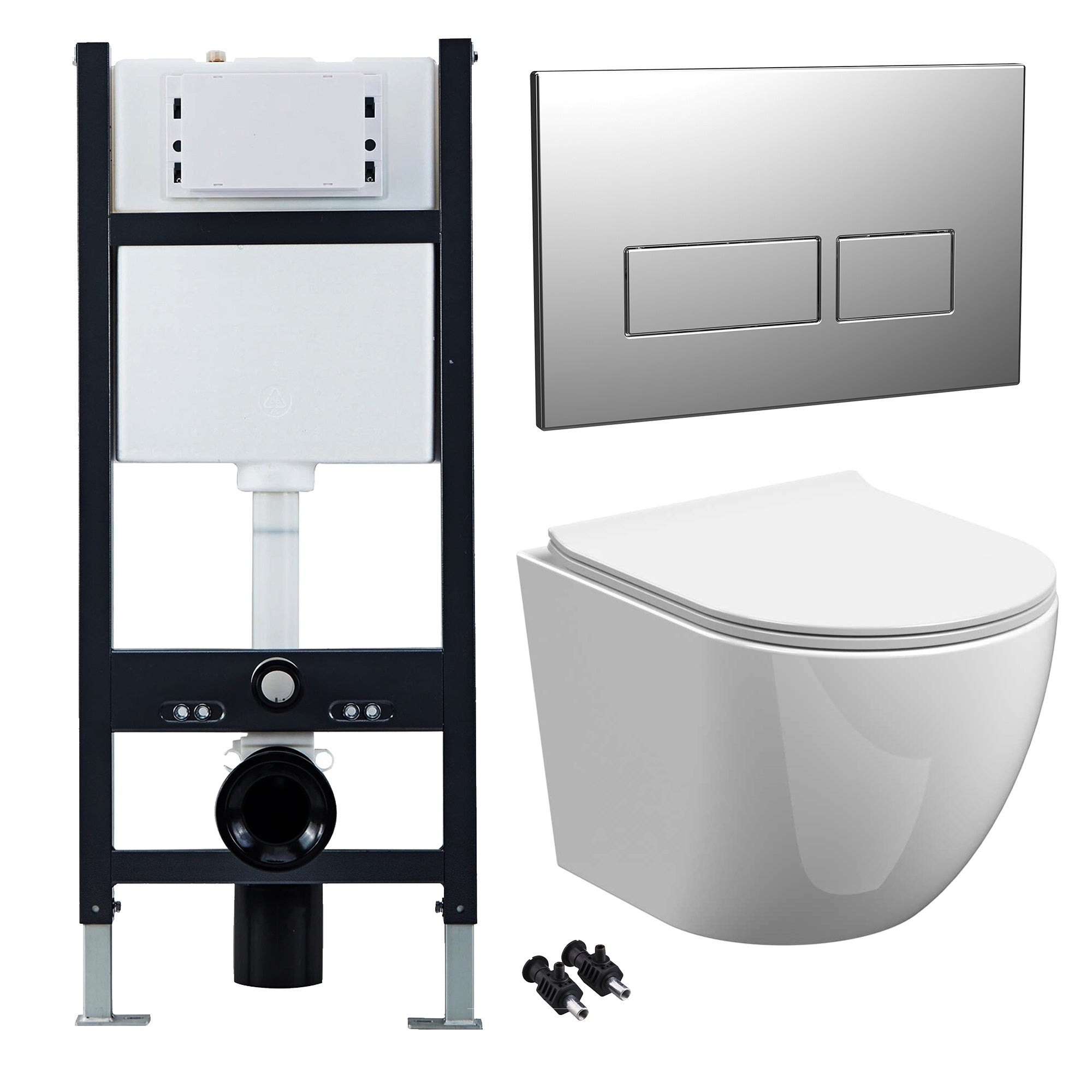 Bubly™ White D-Shape Rimless Wall Hung Toilet with Soft Close Slim Seat & 1.13m Concealed Cistern Frame with Chrome Flush Plate