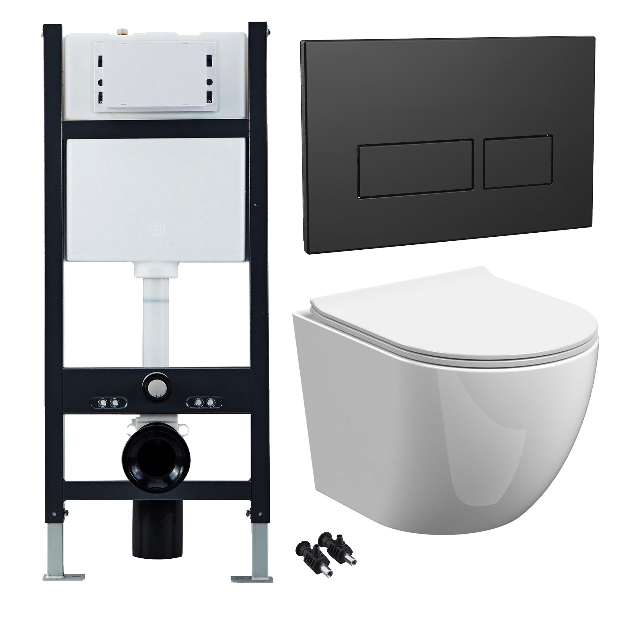 Bubly Bathrooms™ White Rimless Wall Hung Toilet with Soft-Close Slimline Seat & Concealed Cistern - Black Dual Flush