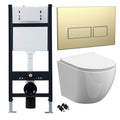 Bubly Bathrooms™ Wall Hung Rimless Toilet Set with Soft-Close Seat & Concealed Cistern Frame - White & Brass
