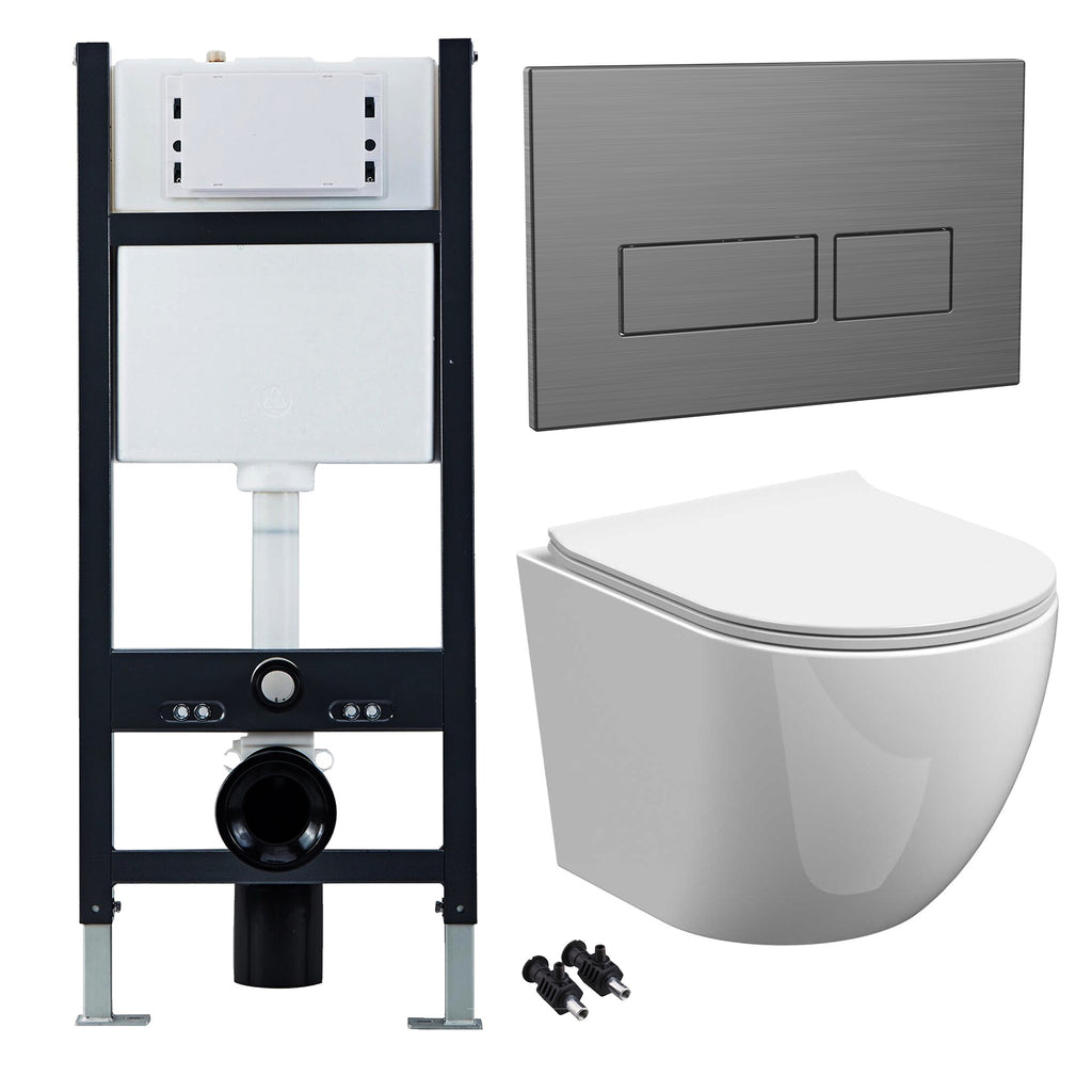 Bubly Bathrooms™ White Rimless Wall Hung Toilet Set with Soft Close Seat & 1.13m Concealed Cistern Frame, Gunmetal Dual Flush