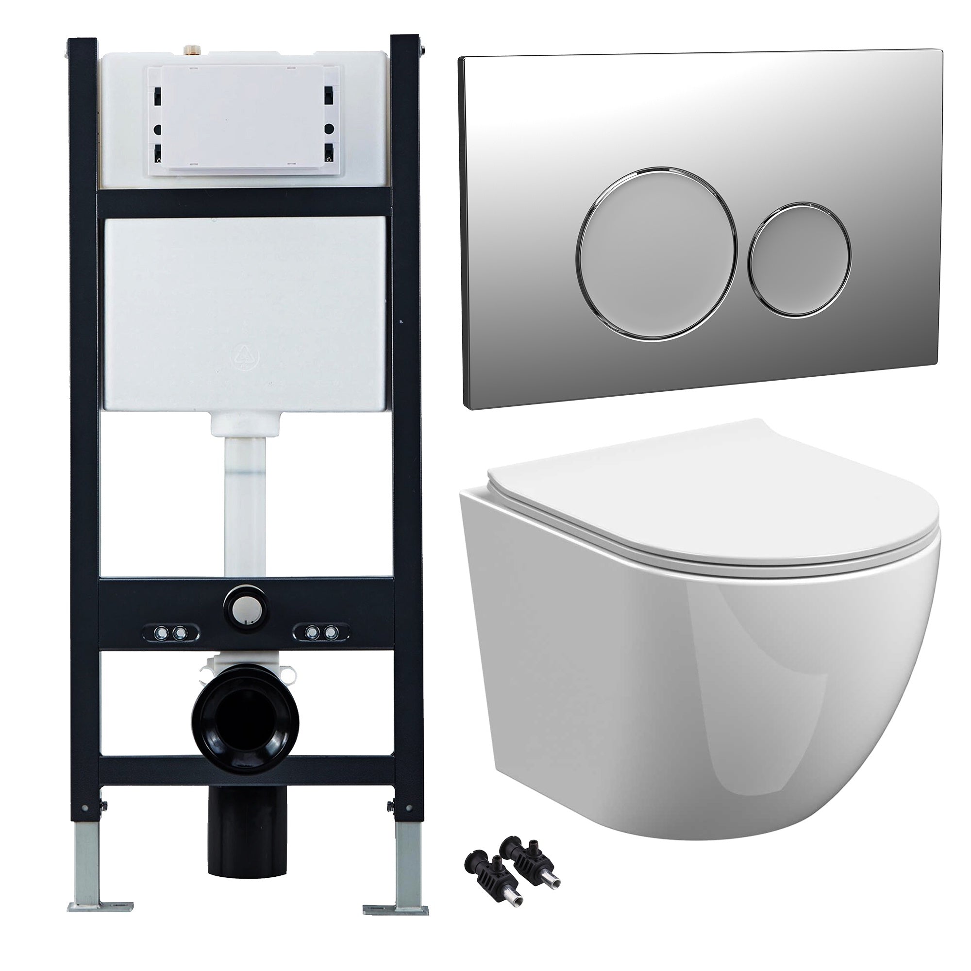 Bubly Bathrooms™ White D-Shape Rimless Wall Hung Toilet with Soft Close Seat & 1.13m Chrome Concealed Cistern Frame