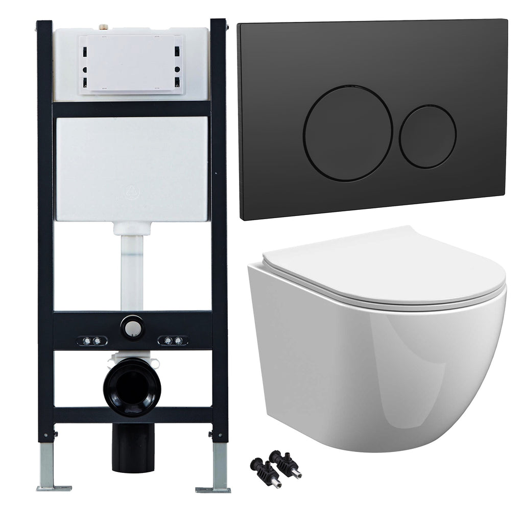 Bubly Bathrooms™ White Rimless Wall Hung Toilet & Slim Soft-Close Seat with Black 1.13m Concealed Cistern Frame