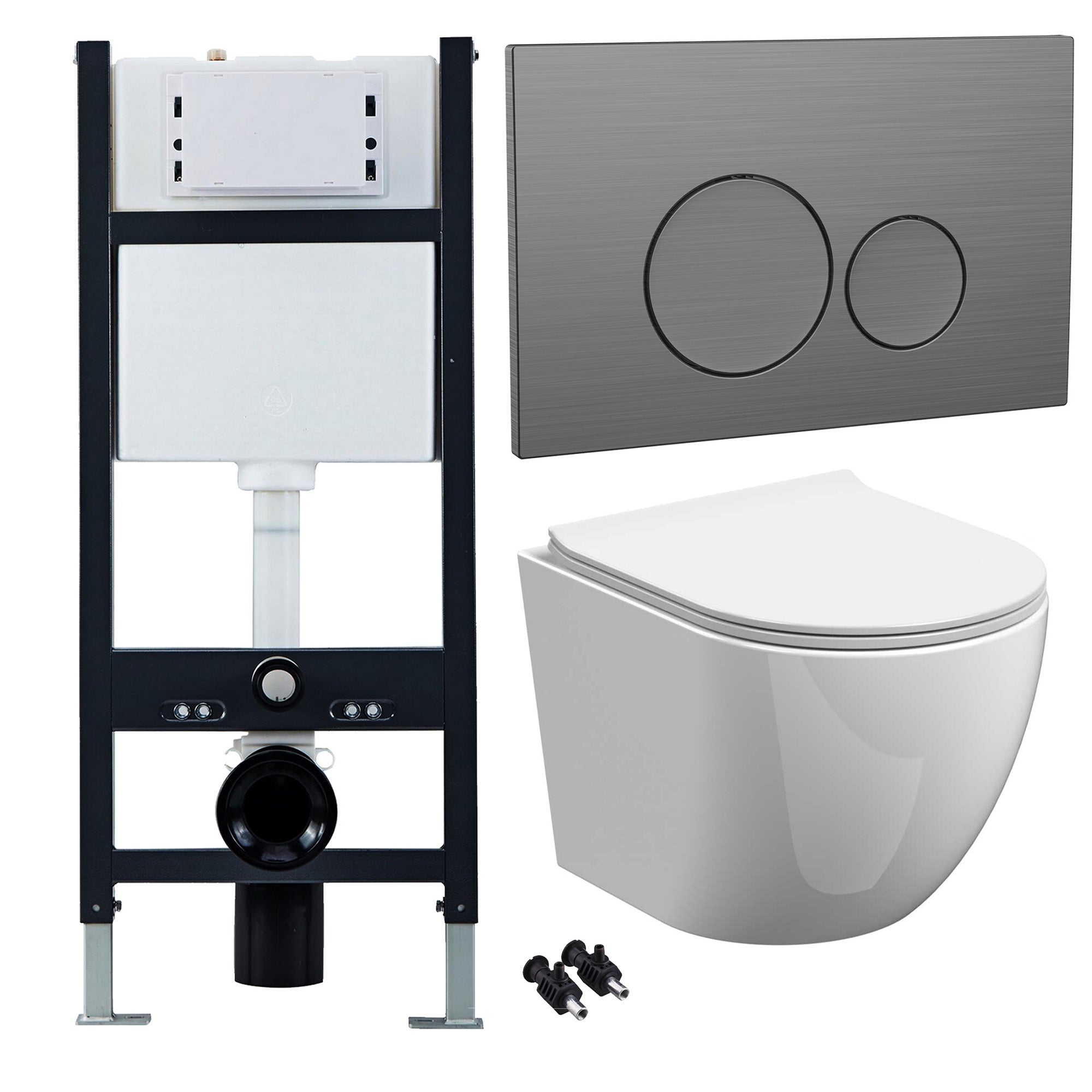 Bubly Bathrooms™ Modern D-Shape Rimless Wall Hung Toilet Set with Concealed Cistern & Gunmetal Dual Flush Plate