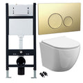 Bubly Wall Hung Rimless D-Shape Toilet & Slimline Soft Close Seat with 1.13m Concealed Cistern Frame, Brass Flush Plate