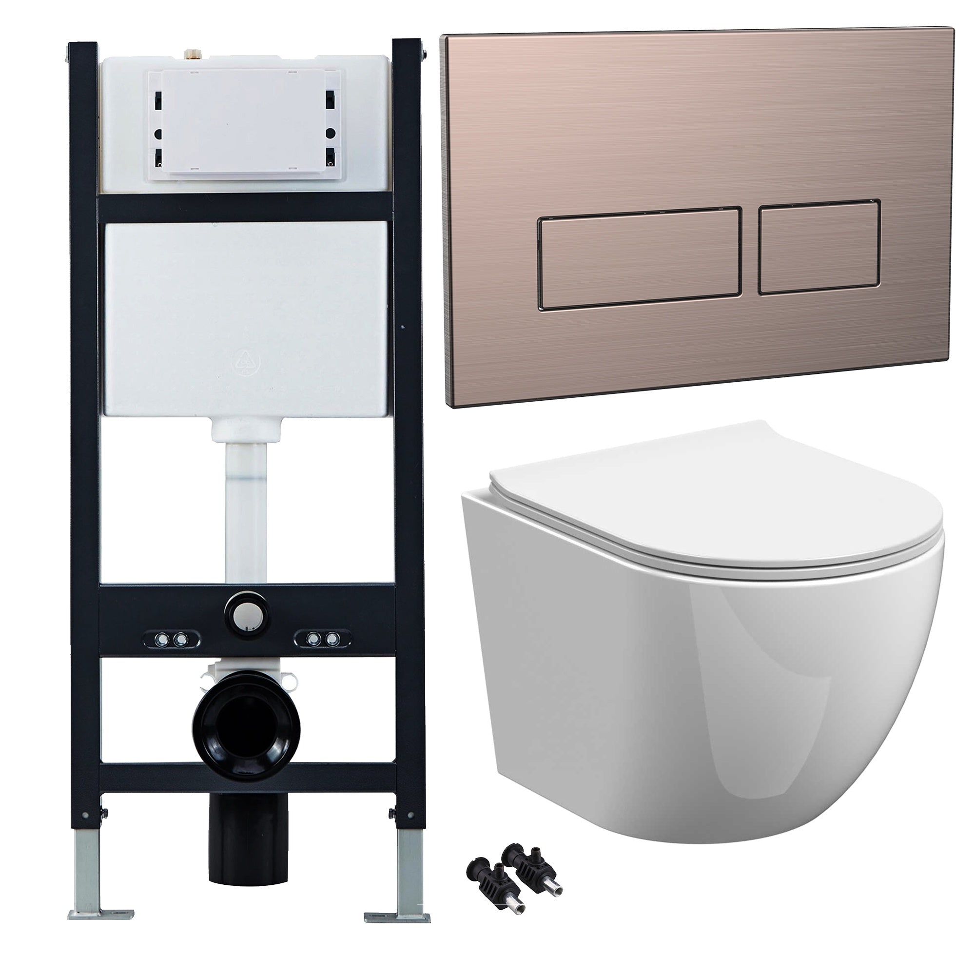 Bubly Bathrooms White D-Shape Rimless Wall-Hung Toilet, Soft-Close Seat & 1.13m Concealed Cistern with Bronze Dual Flush