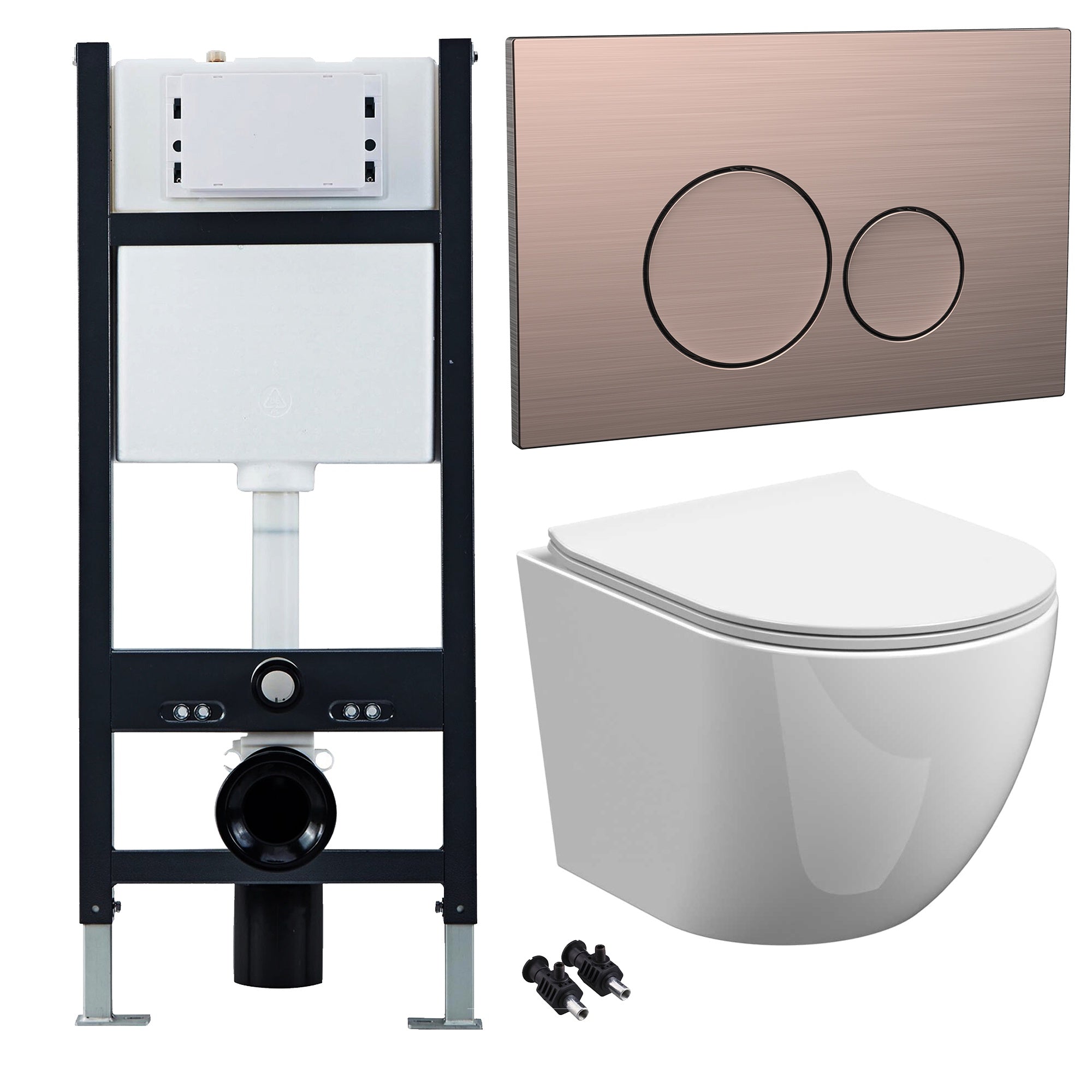 Bubly Bathrooms White Rimless Wall Hung D-Shape Toilet Set with Soft Close Seat & Concealed Cistern Frame, Bronze Flush Button