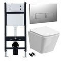 Bubly Bathrooms™ White Rimless Square Wall Hung Toilet Set with Soft-Close Seat & 1134mm Concealed Cistern Frame - Chrome Flush