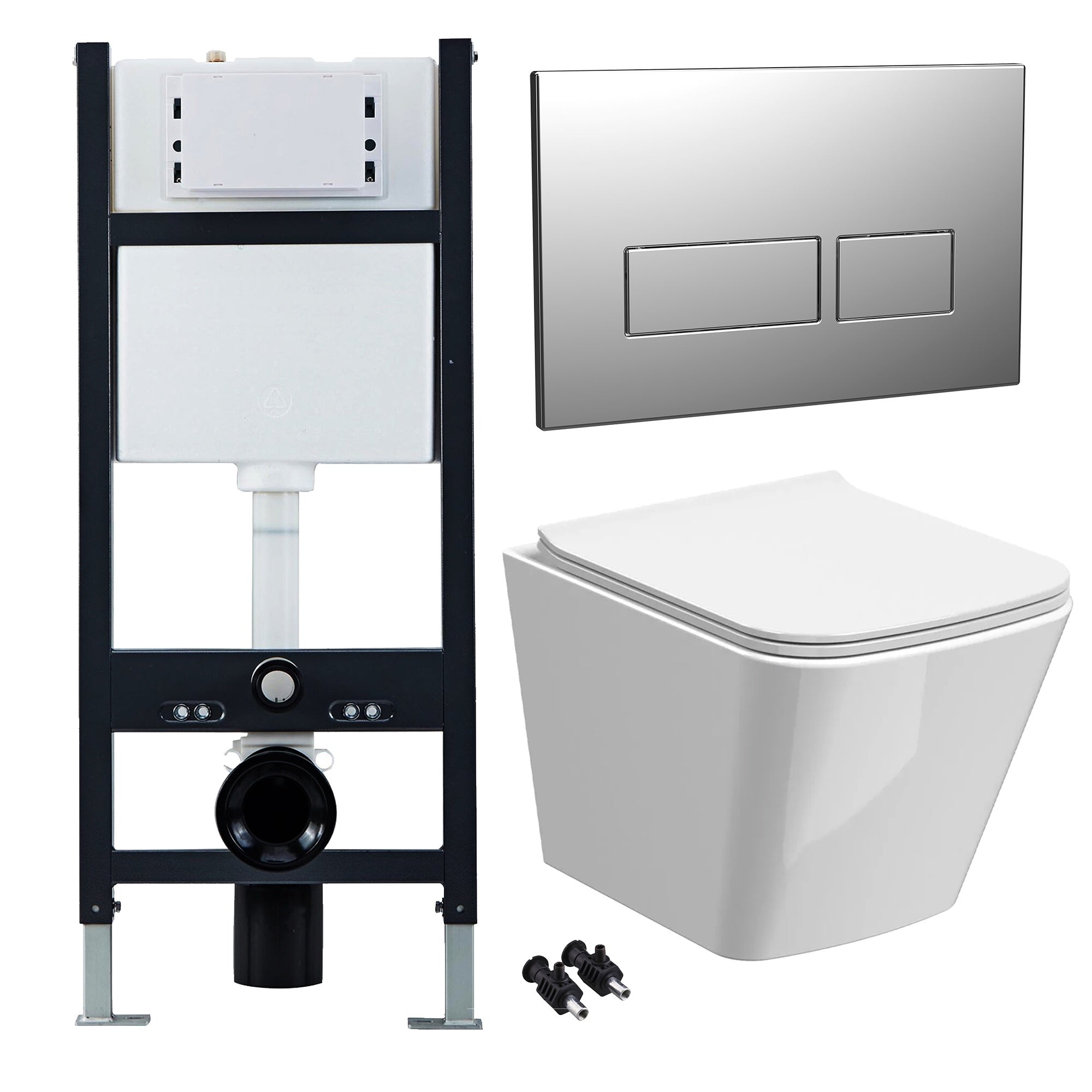 Bubly Bathrooms™ White Rimless Square Wall Hung Toilet Set with Soft-Close Seat & 1134mm Concealed Cistern Frame - Chrome Flush