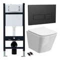 Bubly Bathrooms™ Modern White Wall Hung Toilet Set with Rimless Pan, Soft-Close Seat & Black Dual Flush Concealed Cistern Frame