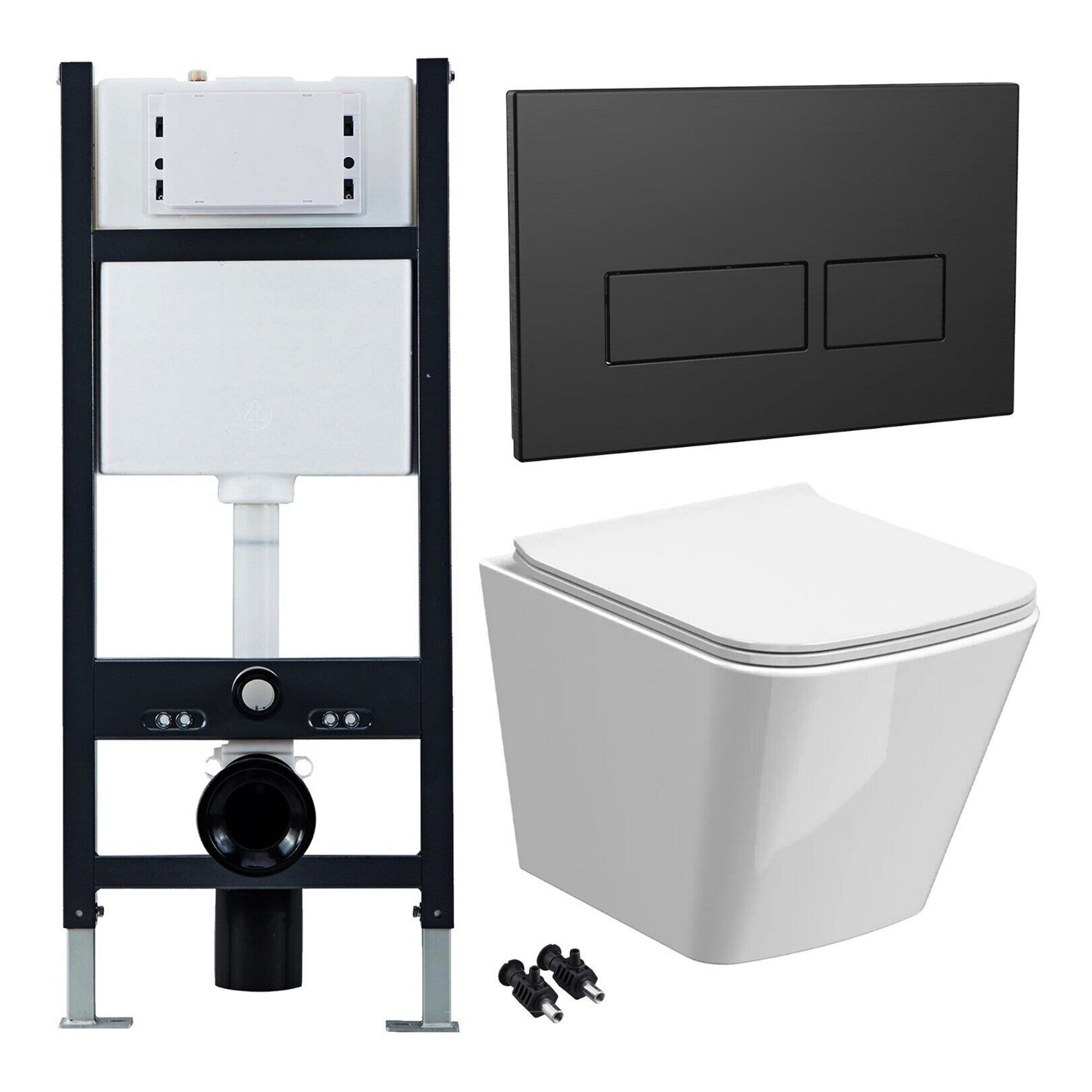 Bubly Bathrooms™ Modern White Wall Hung Toilet Set with Rimless Pan, Soft-Close Seat & Black Dual Flush Concealed Cistern Frame