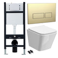Bubly Bathrooms Modern White Rimless Wall-Hung Toilet Set with Slim Soft-Close Seat & Concealed Frame - Brass