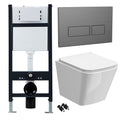 Bubly Bathrooms White Rimless Square Wall-Hung Toilet Set with Soft-Close Seat & 1.13m Concealed Cistern Frame, Gunmetal Flush