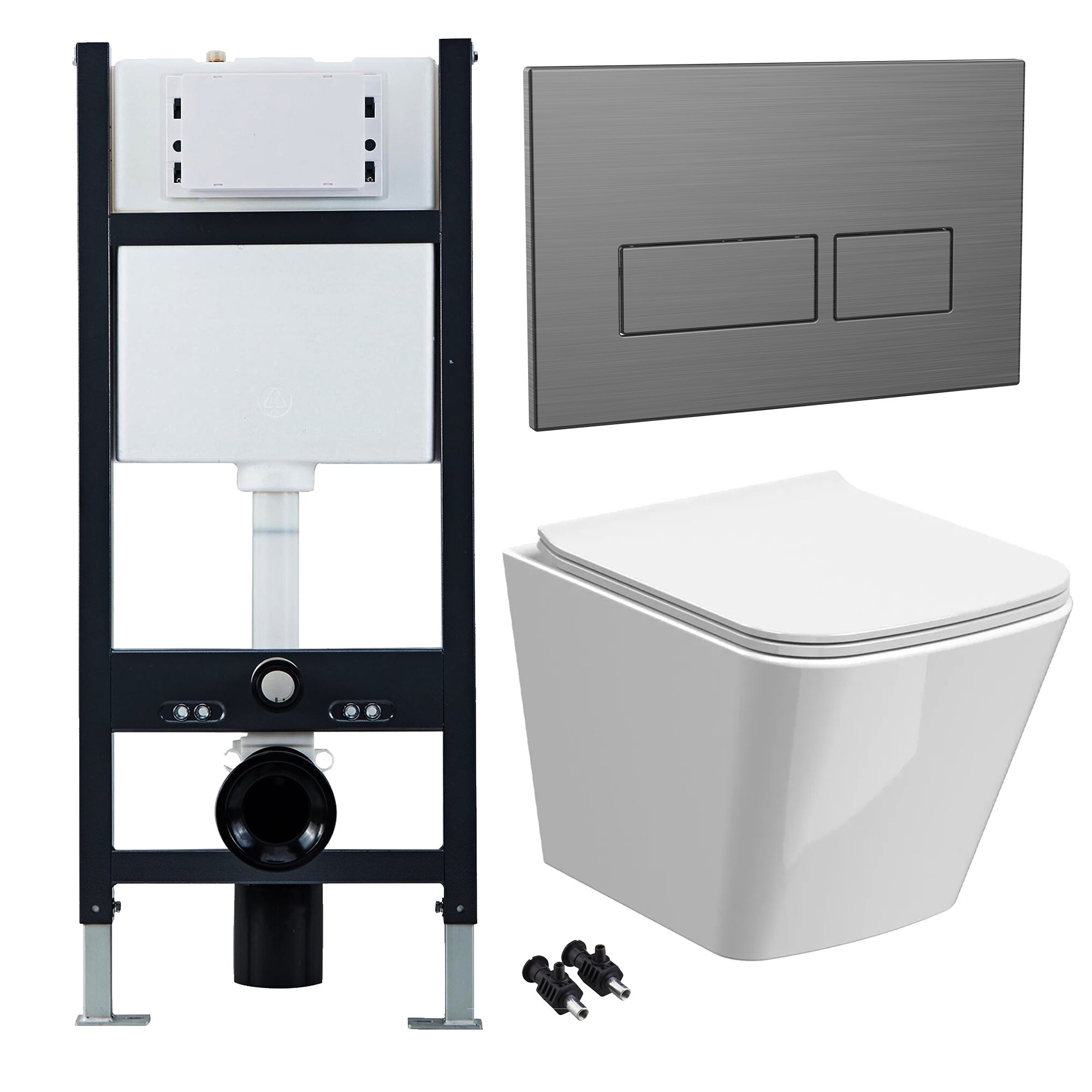 Bubly Bathrooms White Rimless Square Wall-Hung Toilet Set with Soft-Close Seat & 1.13m Concealed Cistern Frame, Gunmetal Flush