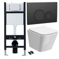 Bubly Bathrooms™ White Rimless Square Wall Hung Toilet Set with 1.13m Concealed Cistern Frame & Black Dual Flush Button