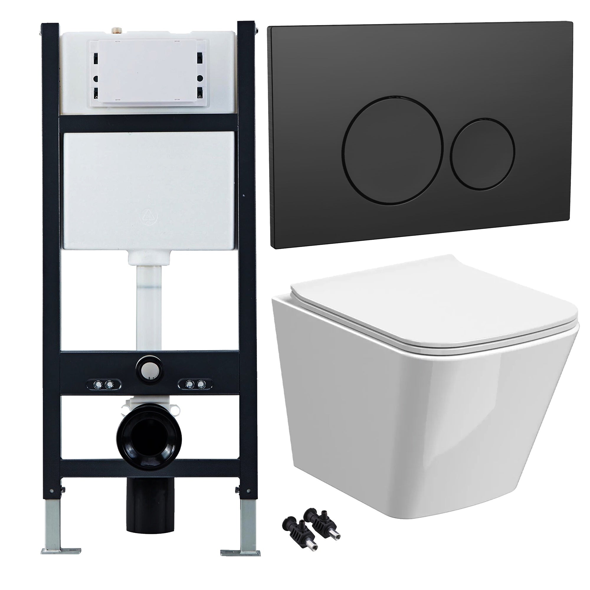 Bubly Bathrooms™ White Rimless Square Wall Hung Toilet Set with 1.13m Concealed Cistern Frame & Black Dual Flush Button