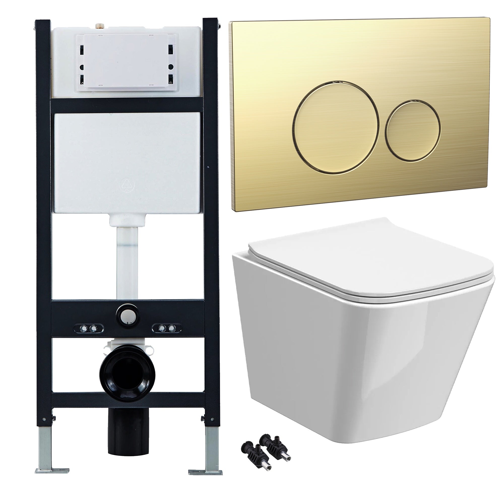Bubly Bathrooms™ White Rimless Square Wall Hung Toilet Set with 1.13m Concealed Cistern Frame & Brass Button