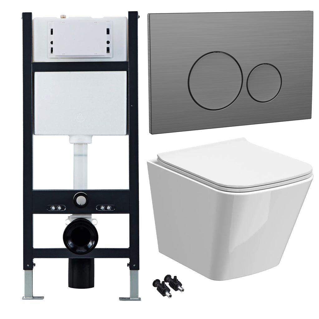 Bubly Bathrooms™ White Rimless Square Wall Hung Toilet Set with 1.13m Concealed Cistern Frame & Gunmetal Button