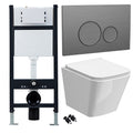 Bubly Bathrooms™ White Rimless Square Wall Hung Toilet Set with 1.13m Concealed Cistern Frame & Gunmetal Button