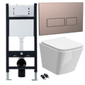 Bubly Bathrooms™ White Square Rimless Wall-Hung Toilet Set with Soft-Close Seat & Bronze Dual Flush Concealed Cistern Frame