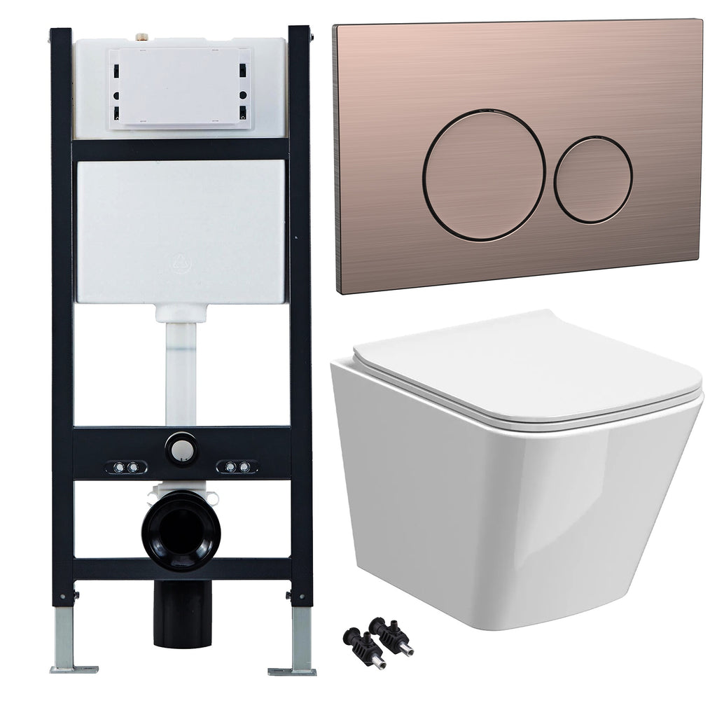 Bubly Bathrooms™ White Rimless Square Wall Hung Toilet Set, Slim Soft-Close Seat, Concealed Cistern & Bronze Dual Flush Button
