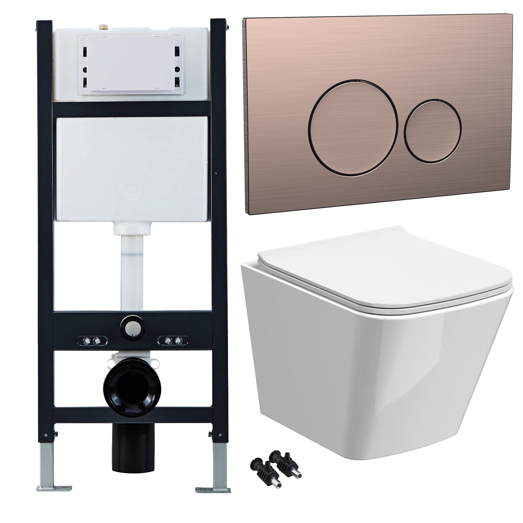 Bubly Bathrooms™ White Rimless Square Wall Hung Toilet Set, Slim Soft-Close Seat, Concealed Cistern & Bronze Dual Flush Button