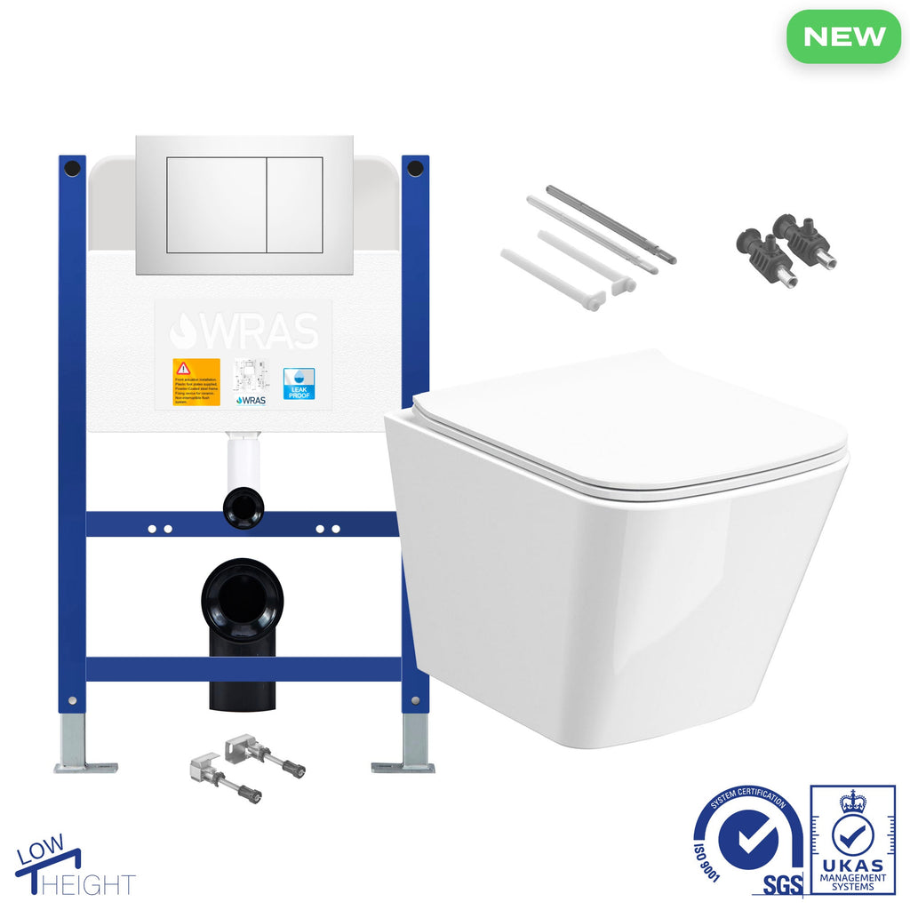 Bubly Bathrooms Square Rimless Wall-Hung Toilet Set with Low-Height Concealed Cistern & Chrome Dual Flush Plate