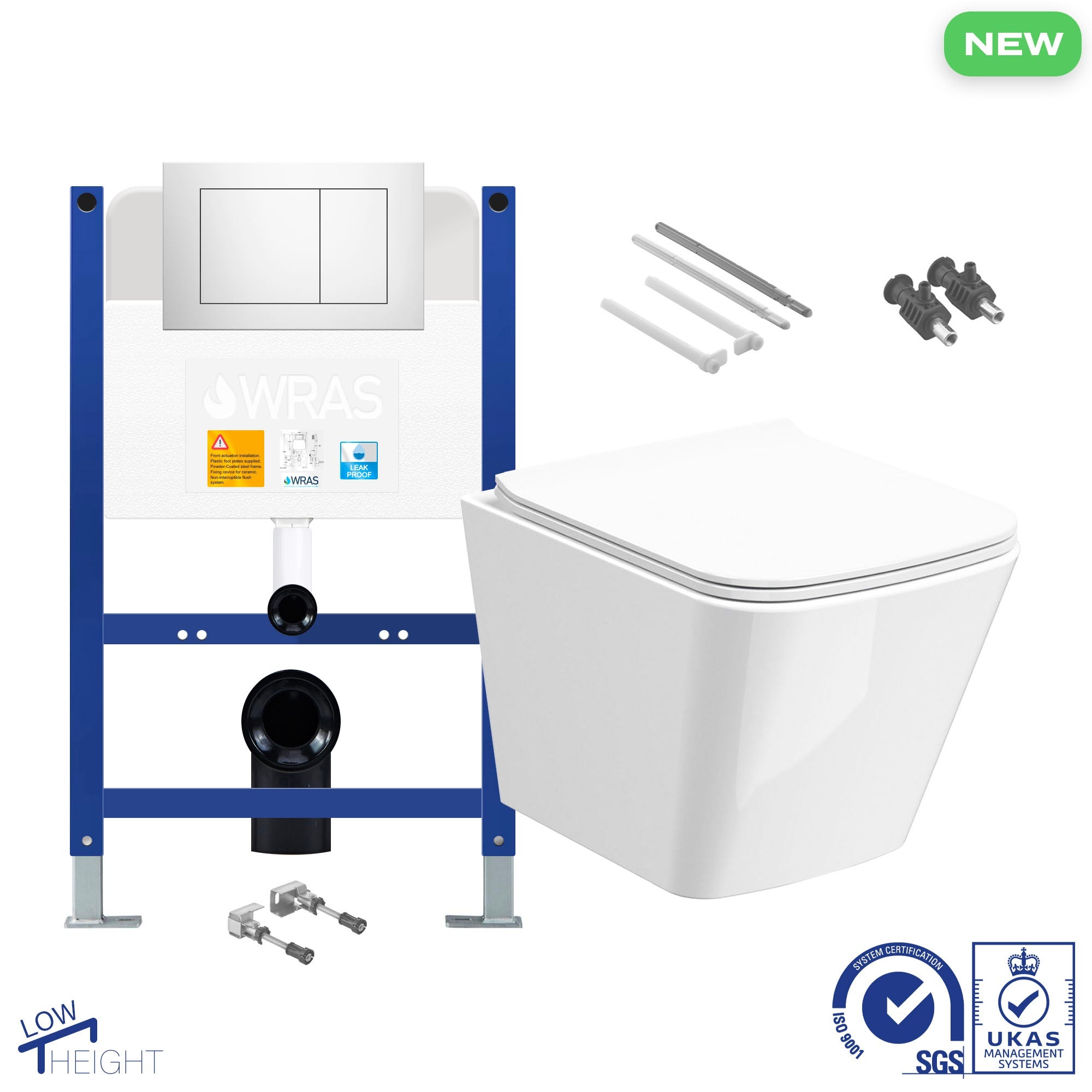 Bubly Bathrooms Square Rimless Wall-Hung Toilet Set with Low-Height Concealed Cistern & Chrome Dual Flush Plate