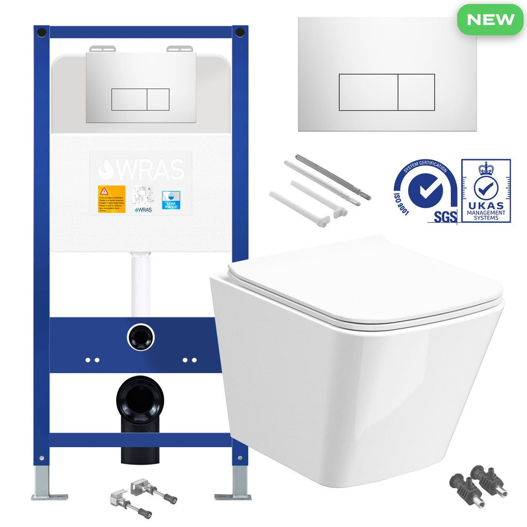 Square Rimless Wall Hung Toilet Pan with Concealed Cistern Fame - Chrome Flush Plate