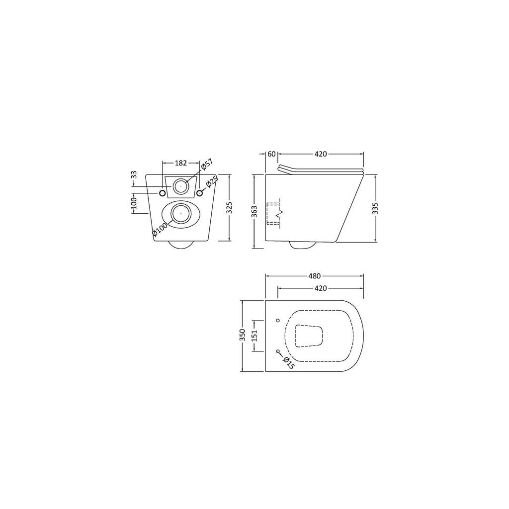 Square Rimless Wall Hung Toilet Pan with Concealed Cistern Fame - Matt Black Flush Plate